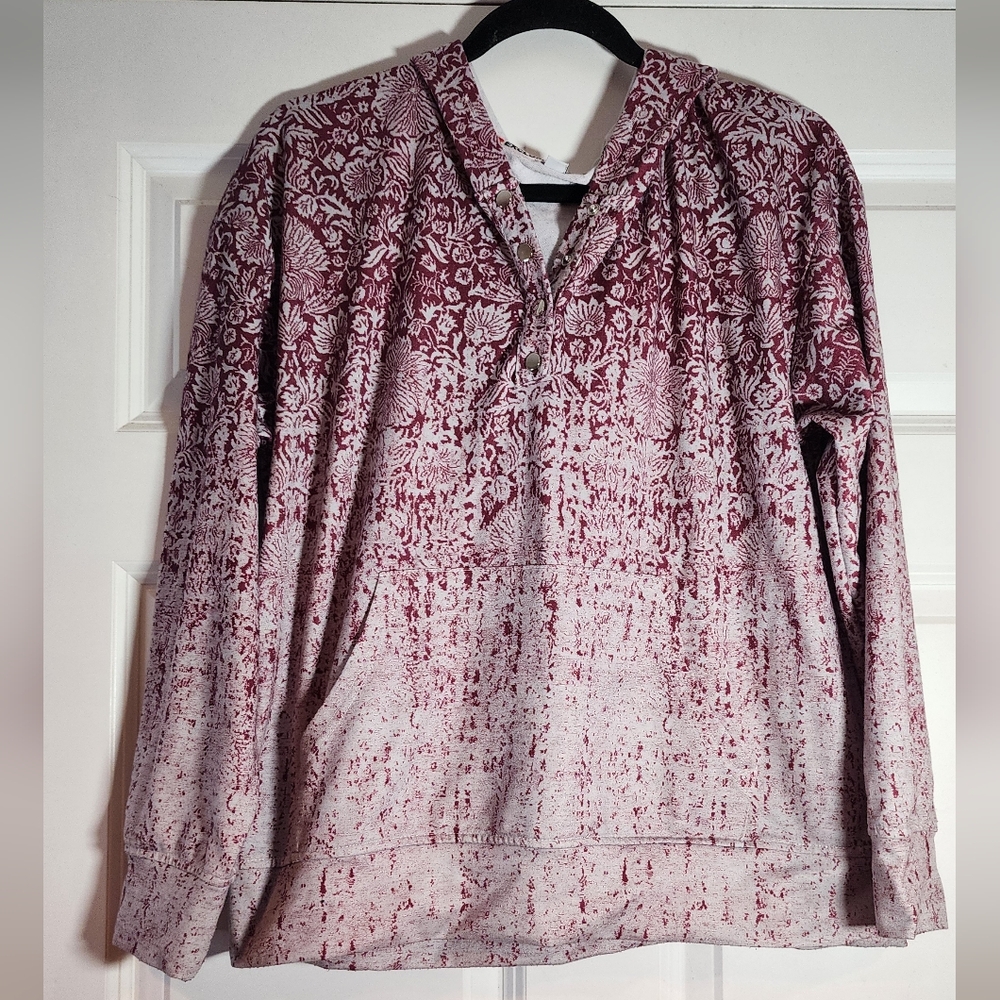 Exclusive Burgundy And White Floral Pattern Hooded Sweater XL